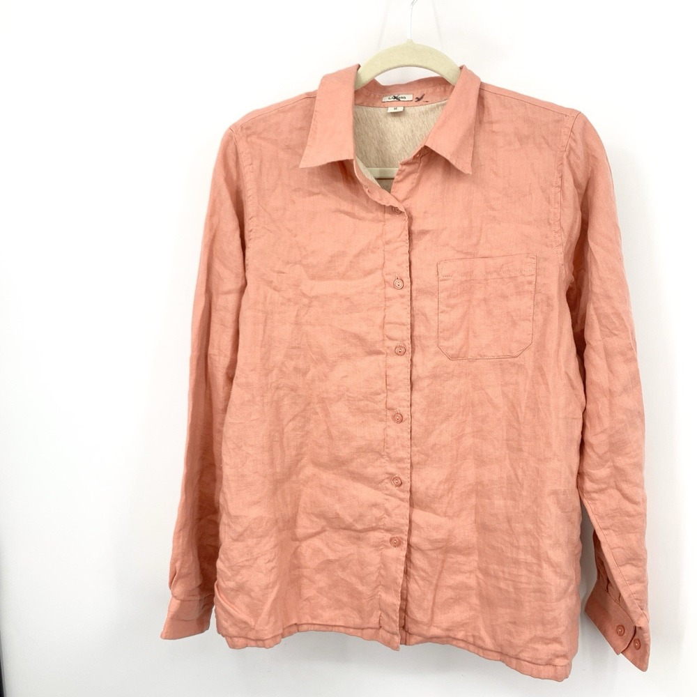 LL Bean Women Size Medium Shirt Coral Pink Button Down Top Lined Linen